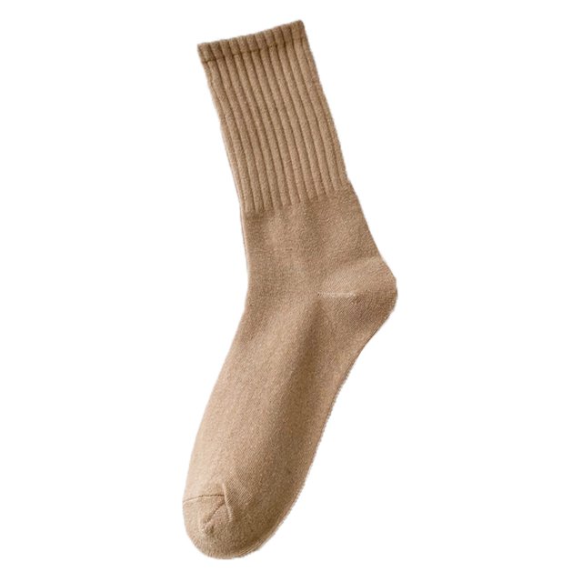 XIAQUJ Womens Socks Solid Color Socks in a coffee tone, featuring a lightweight cotton pile design. The sock has a ribbed cuff for a secure fit and a smooth finish for comfort. Suitable for daily wear or outdoor activities, made from breathable and soft fabric. One size fits most.