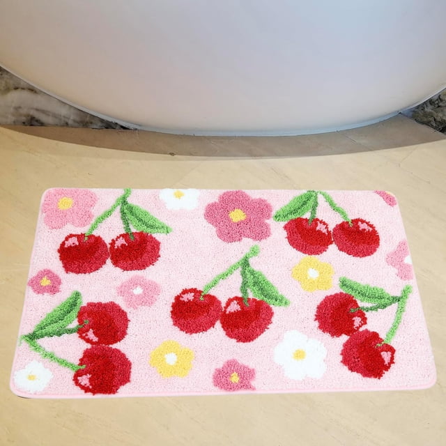Cute Cherry Bath Mat Pink Bathroom Rugs Bathroom Accessories, Funny Non Slip Floor Bath Rug Machine Washable Bathmat Soft Microfiber Carpet for Bathtub & Shower (23.6 * 15.7 Inch)