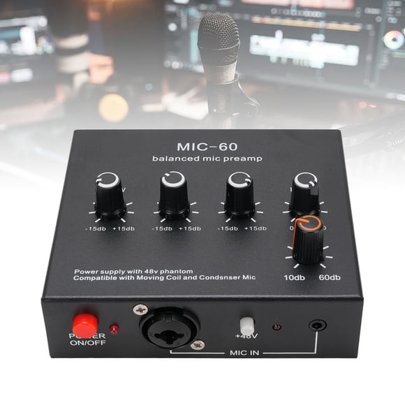 Mic Microphone Preamp Mic Gain Booster 48V Power Supply Mic Pre Amp for Dynamic Condenser XLR 3.5mm 6.35mm Inputs Outputs
