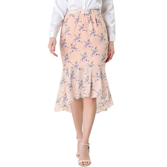 INSPIRE CHIC Women's Floral High-Low Elastic Waist Ruffle Hem Flowy Midi Chiffon Skirt