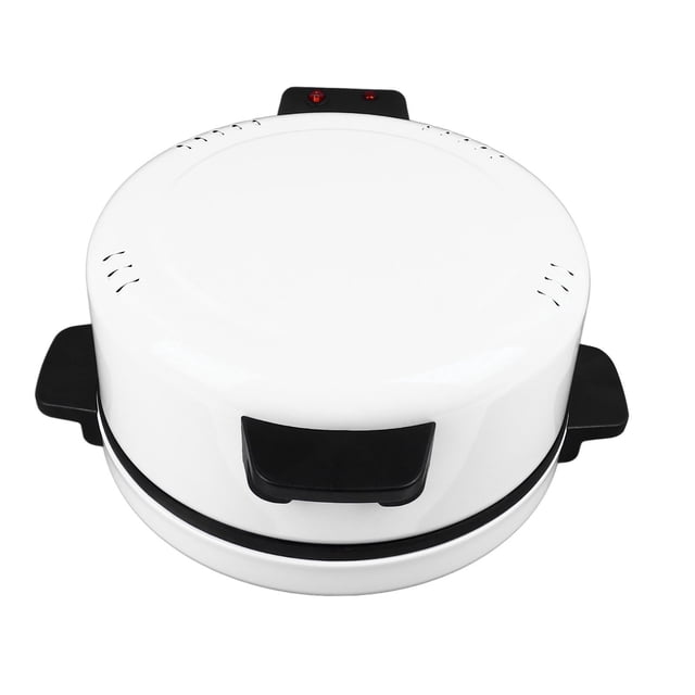 12 Inch Electric Pizza Oven with a white plastic exterior and black handles, designed for perfectly cooked pizza in 6 minutes. This homemade pizza maker features a stainless steel heating coil, 2000W power, and a 30cm (11.8in) diameter cooking surface. Compact and efficient, ideal for fast cooking at home.