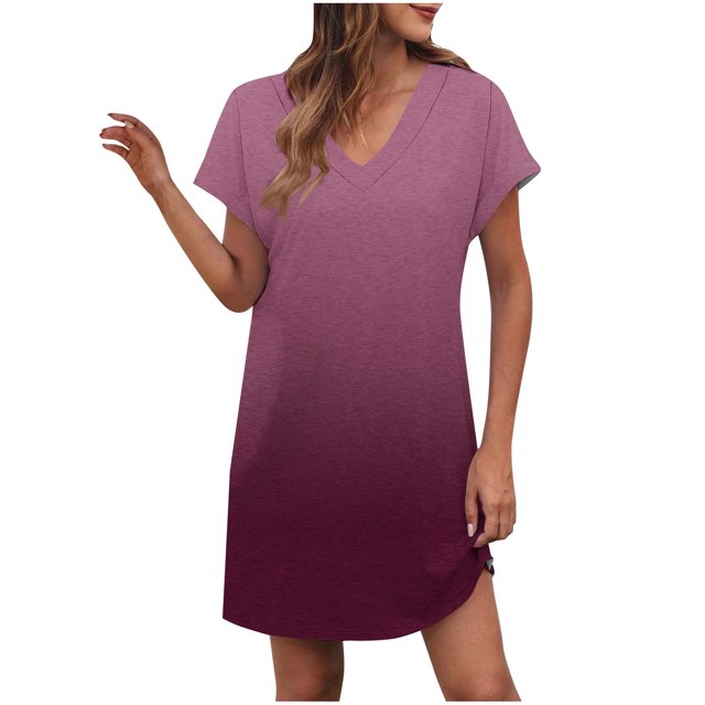 LOVZFMLL Robes d'Été pour Femmes Décontractées Amples T-Shirt Robe Droite Col en V Manches Courtes à Revers Uni Basique Tenues Quotidiennes Rose B m