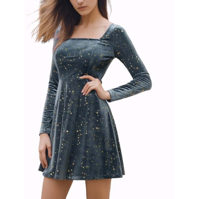 INSPIRE CHIC Robe Courte Vintage de Bal pour Femme en Velours à Encolure Carrée avec Étoiles