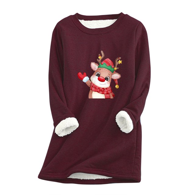 Hauts à Col Haut pour Femmes Automne et Hiver Mode Décontractée Tempérament Peluche Chaude sous-Couche Imprimé de Noël Pull Manches Longues Col Rond Long Pulls de Noël pour Femmes