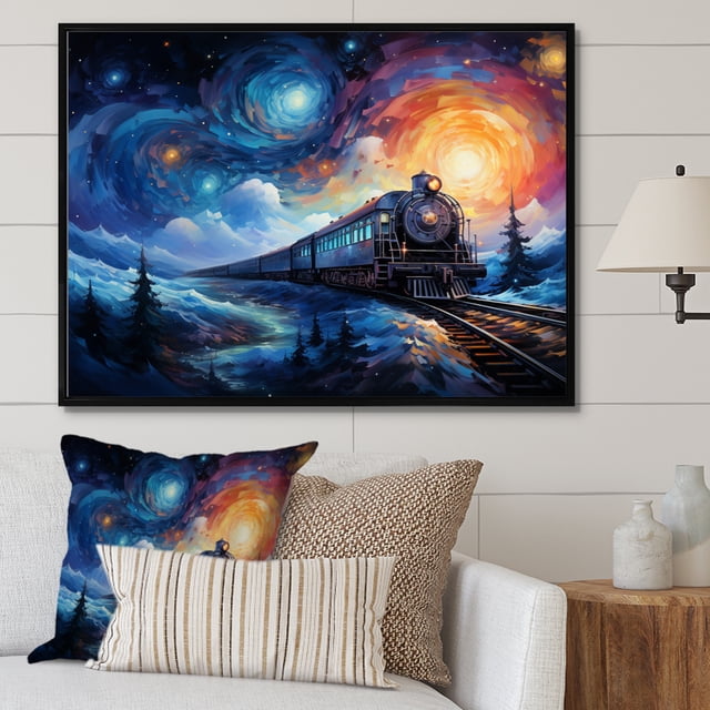 Designart Train framed wall Art, modern Train Rails By Vincent , Train Large framed wall art decor, Blue Modern black framed wall art, 40x30 inches black frame