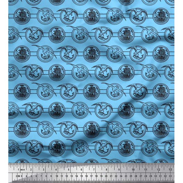 Soimoi Polyester Crepe Fabric Bird,Fish & Ship Ocean Fabric Prints by Yard 42 Inch Wide