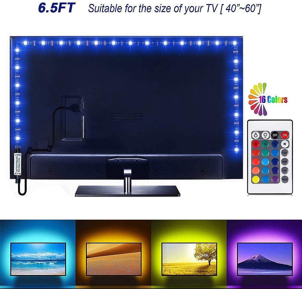 Led Strip Lights 6.56ft for 40-60in TV, USB LED TV Backlight Kit with Remote,16 Color Changing 5050 LEDs Bias Lighting for HDTV (2019 Upgraded)