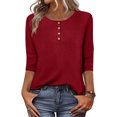thumbnail image 2 of Lenpel Hauts pour Femmes à Manches 3/4 Printemps Été Col Ras du Cou Quart de Bouton T-Shirts Décontractés Tunique Tee Blouses, 2 of 7