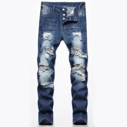 EGNMCR Jeans for Men, Men's Elastic Waist Loose Fit Denim Pants, Mens Pull On Jeans Men's High-end Stretch Nostalgic Frayed Slim-fit Jeans Men Pants