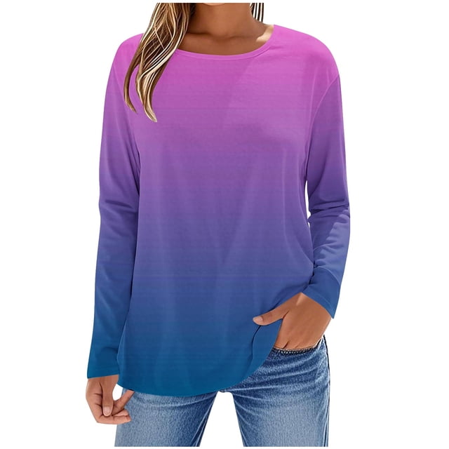 SROBPTY Longues Chandails à Manches pour Femmes, T-Shirt à Manches Longues à Col Rond avec Imprimé Automnal pour Femmes, Violet, TG