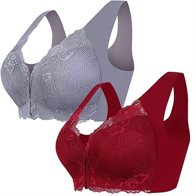 Tumotour 2PC Front Closure Bra for Women No Underwire Comfort Lace Wide Shoulder Strap Bra Full Coverage Seamless Soft Convenient Front Button Bras for Senior Everyday Life Sleep Walking Work