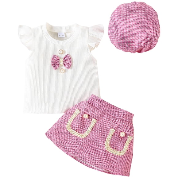 dmqupv Cowgirl Outfits For Girls Baby Girl Summer Clothes Ruffle Short Sleeve Ribbed Romper Plaid Pattern Skirt With Headband Hot Pink,Size for 18-24 Months