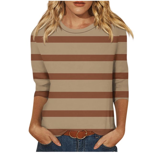 Annhoo Hauts d'Automne pour Femmes 2025 Mode Manches 3/4 Col Ras du Cou Chandails à Enfiler Chemises Décontractées Confort Blouses à Rayures Imprimées