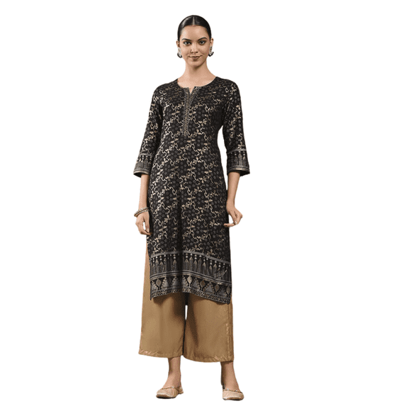 Biba Rangriti Indian Ethnic Straight Kurta (Festive Essentials 20822), Black, Size 42