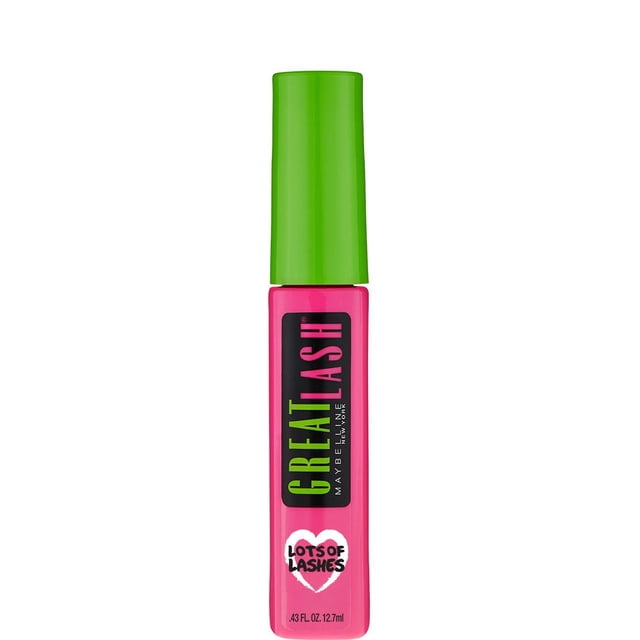 Maybelline New York Great Lash Washable Mascara, 12.64ml, in a bright pink rectangular bottle with a green cap, featuring a black label with green and pink text and a white heart graphic with 'Lots of Lashes' text, designed with a lash-doubling formula for building full lashes and ophthalmologist tested.
