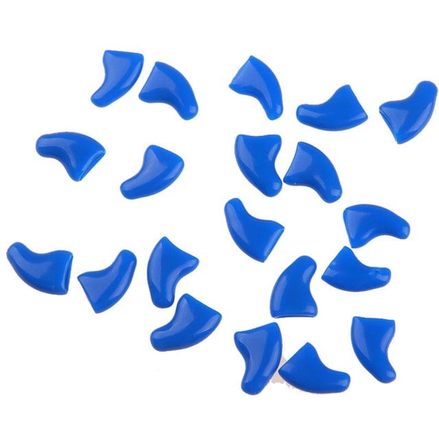 20PCS Cat Nail Caps Protective Soft Kitten Paw Caps Cat Claw Covers with Glue. The image shows multiple blue silicone cat nail caps designed to prevent cats from scratching. These caps are soft, durable, and easy to install, suitable for cats weighing 2.5-10kg (5.5-22lbs). The package includes 20 caps and a bottle of glue for secure attachment.
