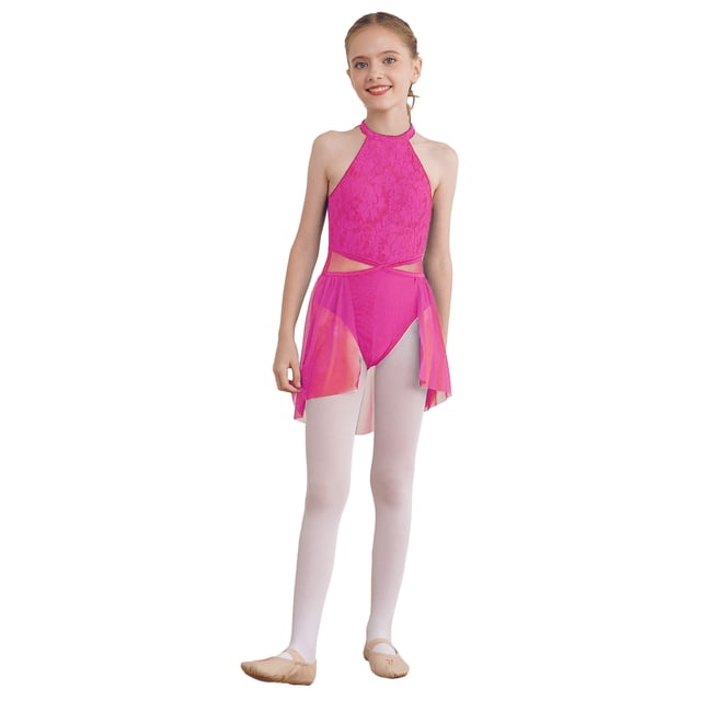 Yartina Robe de Danse Ballet Sans Manches pour Filles, Robe Justaucorps Moderne Contemporaine, Costume de Danse Rose 14