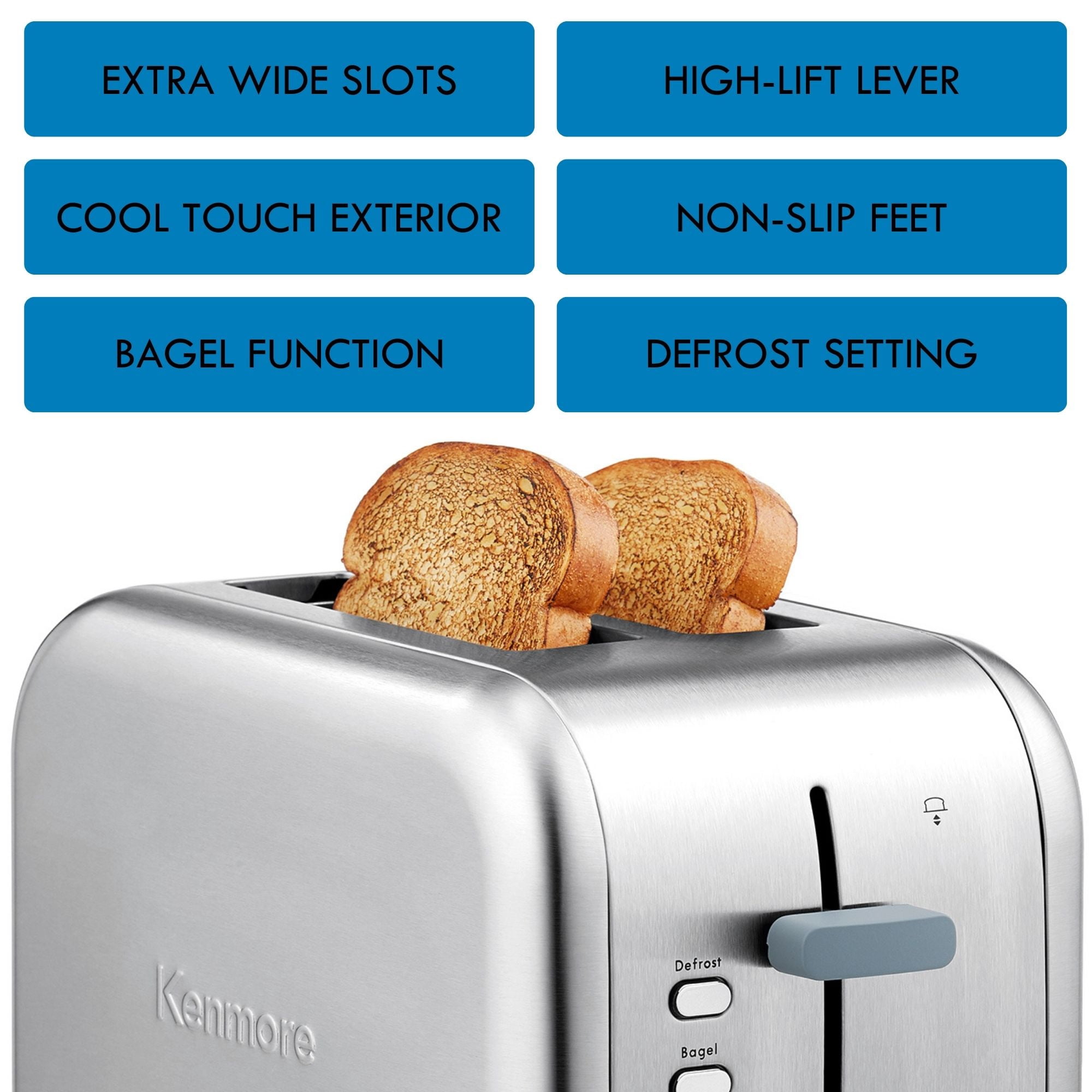 Kenmore 2-Slice Stainless Steel Toaster, Silver & Grey, Extra Wide Slots, Bagel & Defrost Functions