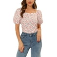 thumbnail image 1 of INSPIRE CHIC Haut à Fleurs Smocké pour Femme à Manches Bouffantes, Encolure Cœur, S Blanc Rouge, 1 of 6