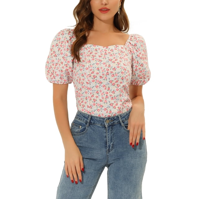INSPIRE CHIC Haut à Fleurs Smocké pour Femme à Manches Bouffantes, Encolure Cœur, S Blanc Rouge
