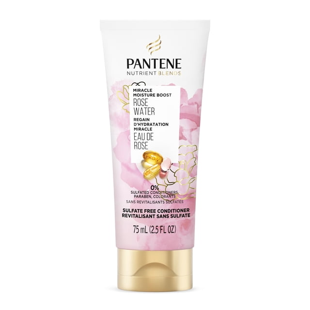 Pantene Nutrient Blends Miracle Moisture Boost Rose Water Sulfate Free Conditioner 2.5 FL OZ/75mL conditioner formulated with rose water, pro‑vitamin B5 and antioxidants to hydrate dry, frizzy or color-treated hair; sulfate-free moisturizing formula that helps gently restore silky softness and leaves a fresh botanical rose scent, suitable as a compact travel or gym treatment.