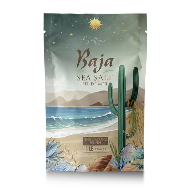 Baja Sea Salt Fine 1lb package by Saltique, featuring a vibrant design with a coastal landscape, cactus, and seashells. The packaging highlights 'Fine Ground Sel Fin' and '1lb (454g)' in both English and French, emphasizing its natural, additive-free composition. Ideal for seasoning, finishing, and baking.