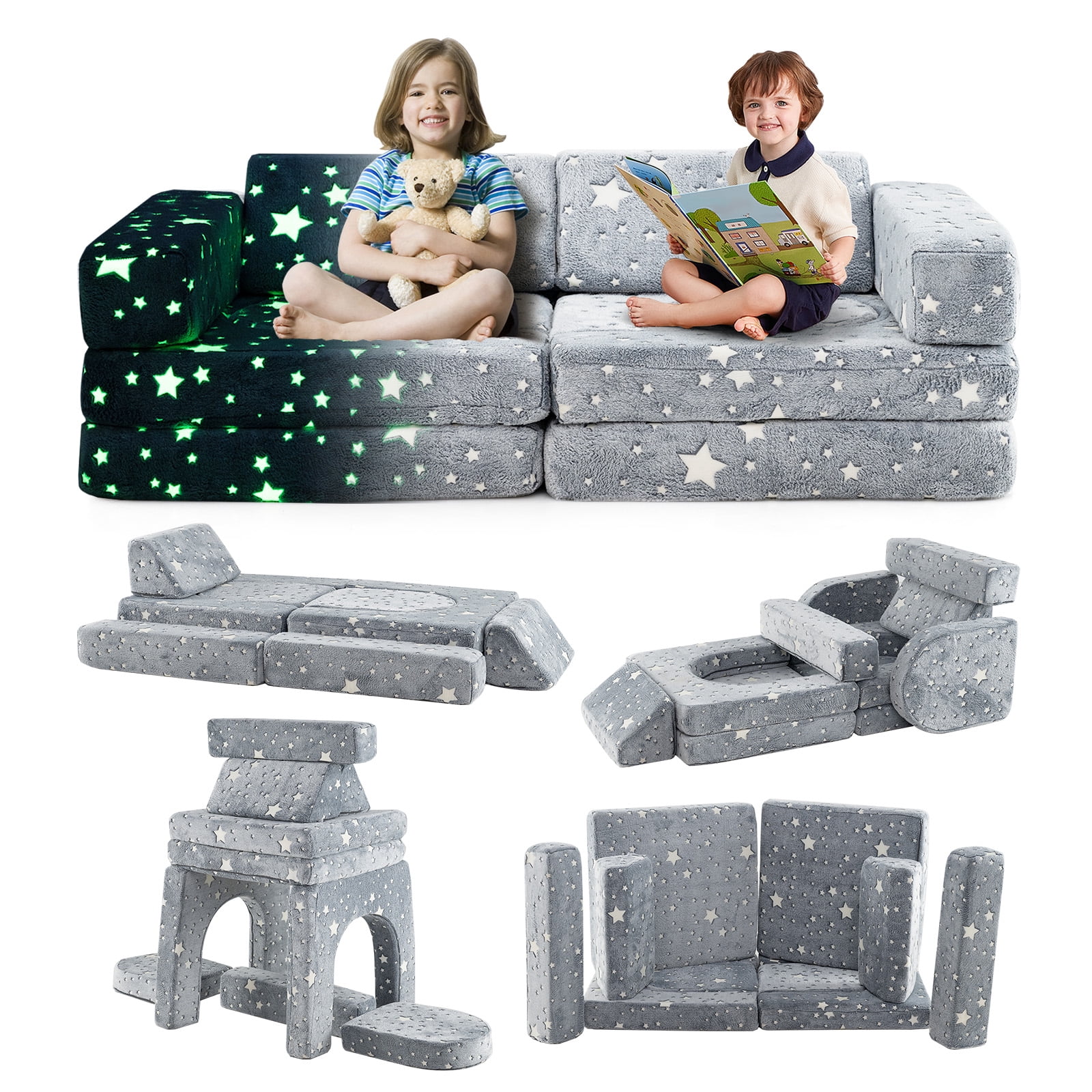 Gymax 10 Pcs Modular Kids Play Couch Sectional Sofa Glow in the Dark Floor Cushion