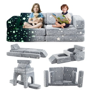 Gymax 10 Pcs Modular Kids Play Couch Sectional Sofa Glow in the Dark Floor Cushion