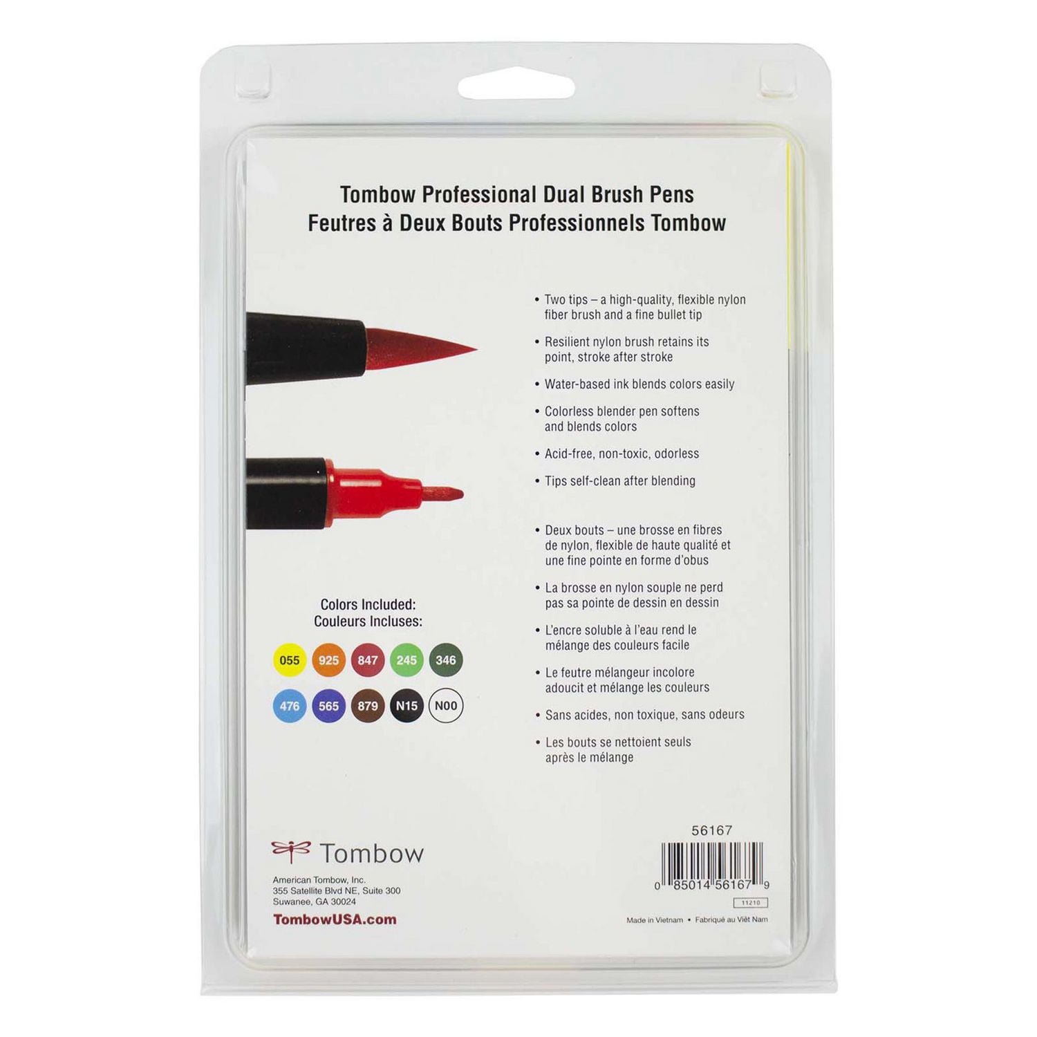 Marqueurs artistiques à pinceau double, couleurs primaires, paquet de 10 Tombow