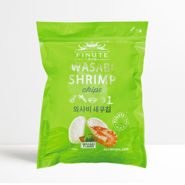 Finute Wasabi Flavor Shrimp Chips in a bright green resealable jumbo bag with white and silver text, featuring shrimp and wasabi illustrations and a net weight of 240 grams, offering crunchy, richly seasoned snack chips ideal for sharing.