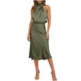thumbnail image 1 of Daiosportswear Robes de Cocktail pour Femmes Satin Soie Sans Manches Col Montant Taille Haute Maxi Robe d'Invitée de Mariage Vêtements de Printemps, Robe Sans Manches pour Femmes Vert Armée TG(TG), 1 of 8