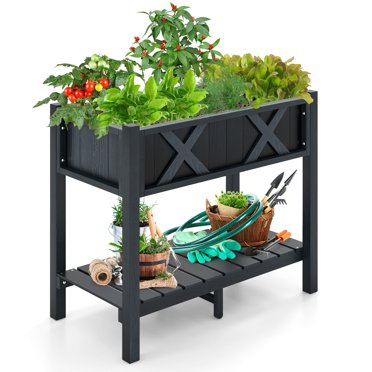Gymax HIPS lit de jardin surélevé poly bois élevé jardinière boîte w / jambes & étagère de stockage noir