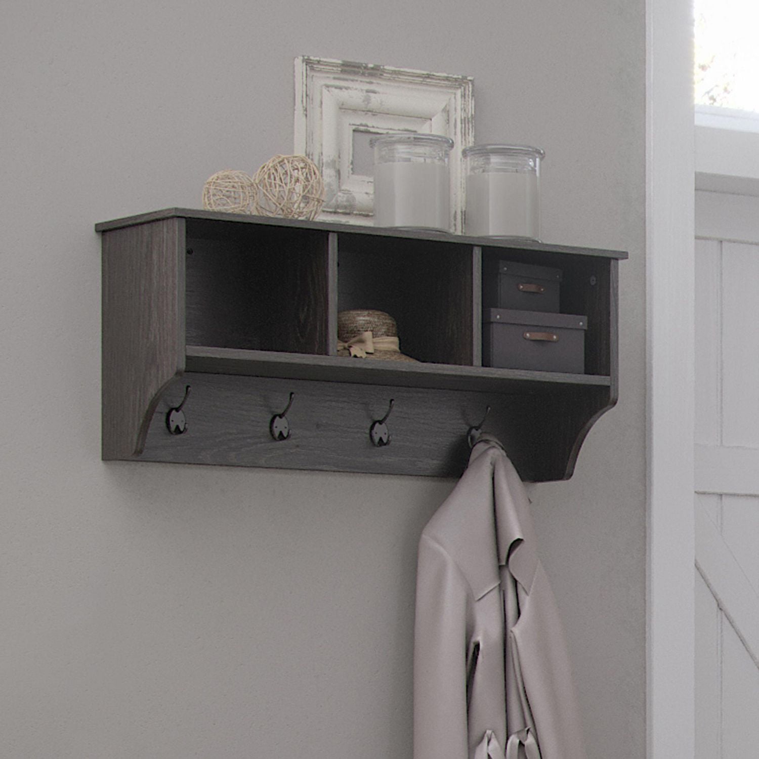 RiverRidge® Home Woodbury Collection 14-inch H x 31.63-inch W x 9.38-inch D Wall Shelf with Cubbies and Hooks in Weathered Wood