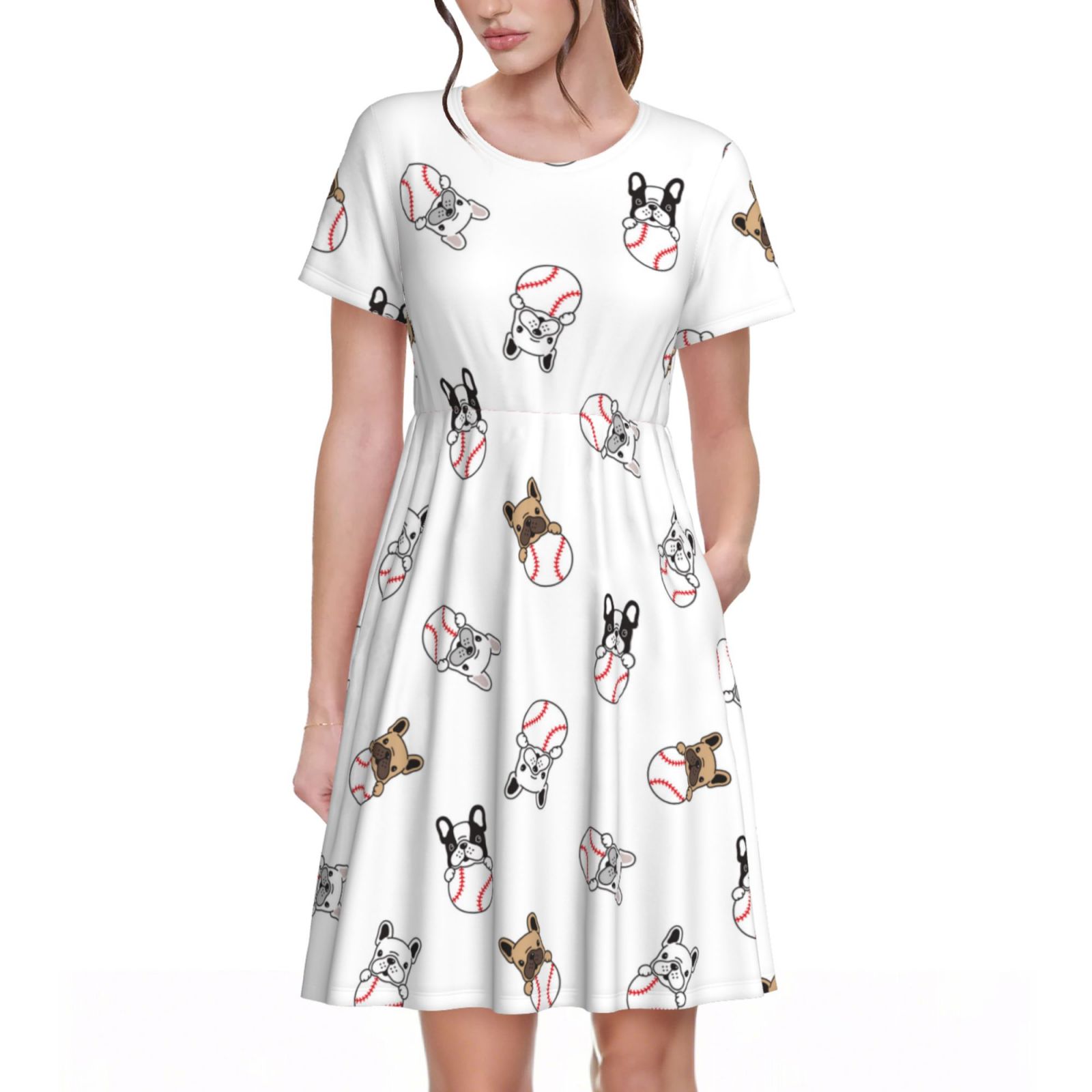 Daiia Robes pour Femmes à Imprimé Chien Bbaseball 2025 Robes Tendance à Manches Courtes Décontractées Amples et Fluides Maxi Robes de Soleil