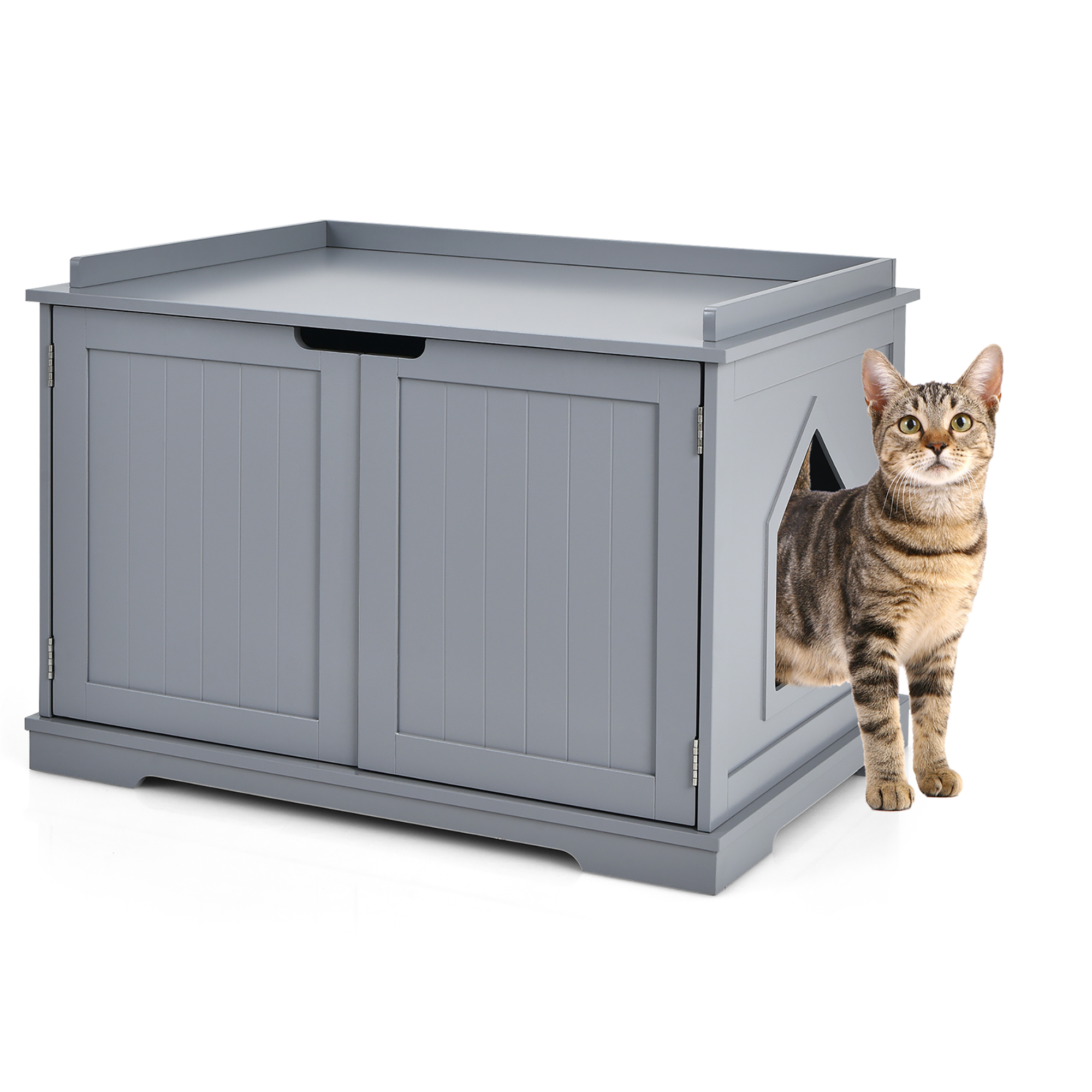 Costway Cat Litter Box Wooden Enclosure Pet House Washroom Storage Bench Grey