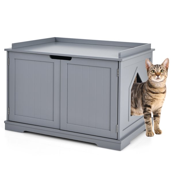 Costway Cat Litter Box Wooden Enclosure Pet House Washroom Storage Bench Grey