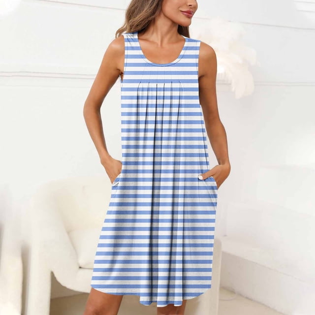 Pyjama pour Femmes Zeophrasy Femmes Imprimé avec Poches Chemises de Nuit Sans Manches Vêtements de Nuit devant Plissé Nuisette Col Rond Robe de Nuit Clearacne Moins de 5