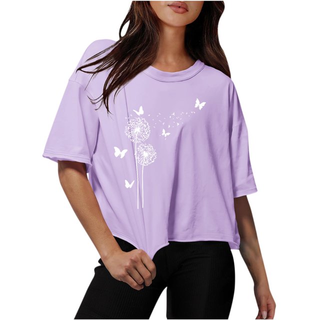 Blouses for Women Drop Shoulder Round Neck Oversized Crop Tops Workout Tops Tees