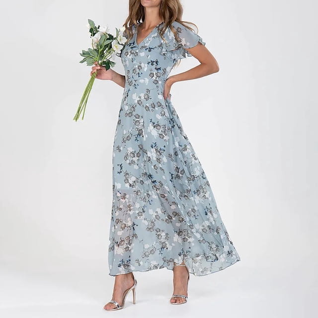 LOVZFMLL Robe Moulante Aguichant et Décontractée à Imprimé pour Femme, Manches Courtes, Col en V, Longueur Genou, Bleu Pâle, Taille 3TG. La Robe Présente un Imprimé floral, des Manches Courtes et un Col en V Flatteur. Elle Est Longueur Genou et Conçue pour les occasions Décontractées, Convient au Printemps et à l'Été. le Modèle Est Montré Tenant des Fleurs, Portant des Talons Argentés et Se Tenant Debout sur un Fond Blanc Uni.