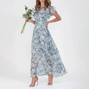 LOVZFMLL Sexy Fashion Casual Printed Slim Women Casual Short Sleeve V-Neck Knee-High Dress Light Blue M