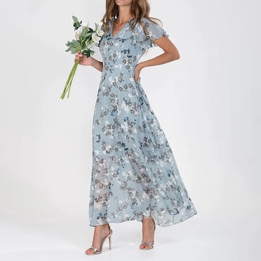 LOVZFMLL Robe Aguichant Mode Décontractée Imprimée Ajustée Femme Décontractée à Manches Courtes Col en V Longueur Genou Bleu Clair m