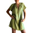 thumbnail image 1 of Amzcrzy Robes pour Femmes Grande Taille Robes P-5TG Tendance Couleur Unie Robes d'Été pour Femmes Col en V Manches Courtes Robe d'Été Décontractée Plissée Surdimensionnée Mini-Robe, 1 of 8