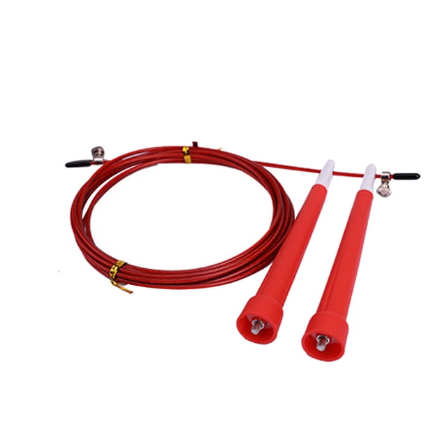 Agiferg Fast Speed Jump Rope with blazing fast steel cable and red nylon resin handles. Adjustable length for men, women, and children. Designed for endurance workouts like boxing, MMA, and general fitness. Includes articulating swivel bearings for smooth rotation and a spare cable.