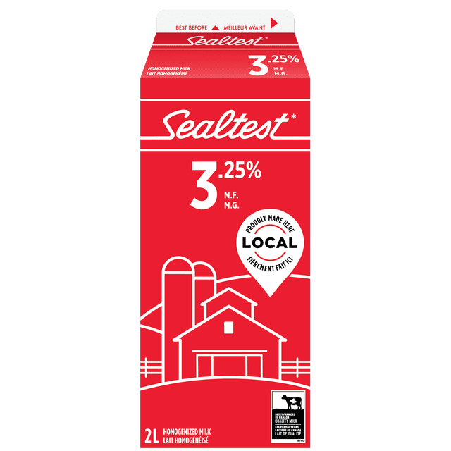 Sealtest Homogenized 3.25% Milk 2L carton in red with white text, featuring a farm illustration, bilingual English and French labeling, a 'Proudly Made Here Local' badge, and the Dairy Farmers of Canada quality milk logo.
