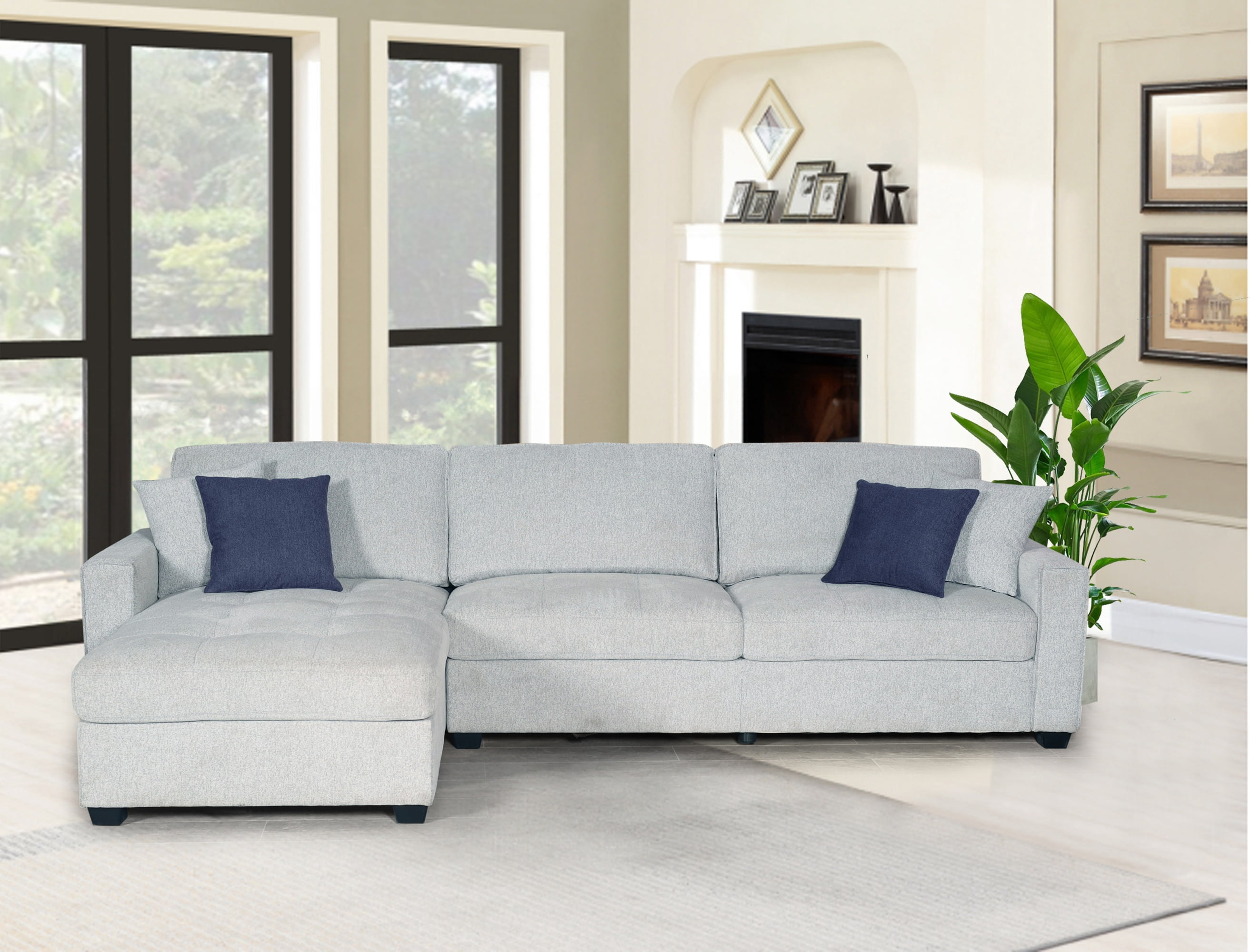 Canapé sectionnel réversible en tissu tissé en lin Amaya de K-Living de couleur sable avec 2 coussins décoratifs