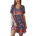 thumbnail image 1 of Faithtur Nouvelle Mode Robe d'Été à Manches Courtes pour Femmes Mode Imprimé Fleuri Col en V Taille Haute Robe Trapèze, 1 of 9