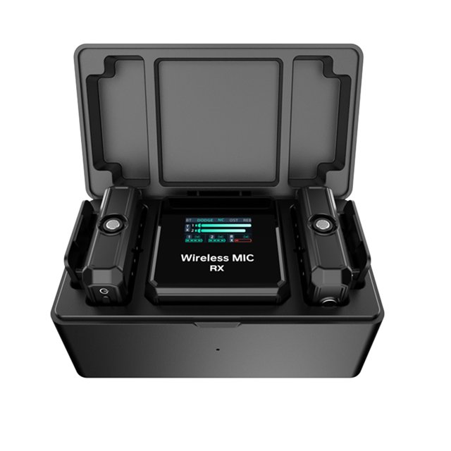 Microphone Lavalier Sans Fil 2.4GHz Système à Clipser Portée de Transmission 100m Réduction de Bruit avec Récepteur + 2 Émetteurs + Boîte de Charge avec Écran TFT + 3 Pcs