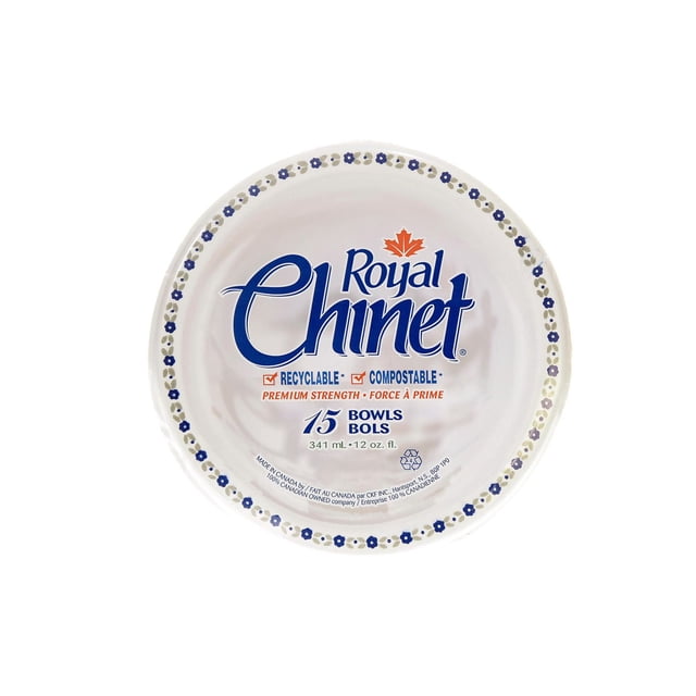 Royal Chinet Bols 12 oz 15 Unités Bols en Papier Jetables avec base Blanche et Bordure Florale Bleu-Beige, Étiquetés Recyclables et Compostables, Convenant à la Vaisselle de Fête et aux Repas Pratiques au Canada.
