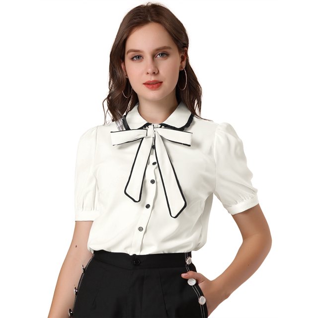 INSPIRE CHIC Chemisier pour Femme à Col Peter Pan Contrastant, Manches Bouffantes, Boutonné, à Nouer au Cou