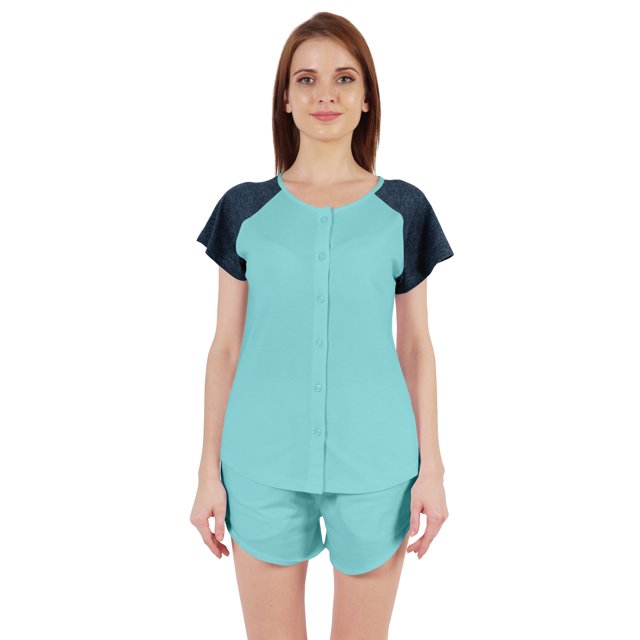 Inkmeso Solid 2 Pc Nightwear Set For Women Raglan Sleeves Button-Down Top & Shorts Sleepwear-77